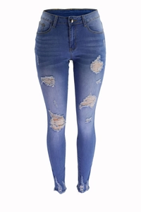 Slim Fit Distressed Jeans für Damen in Blau mit Rissen und ausgefranstem Saum