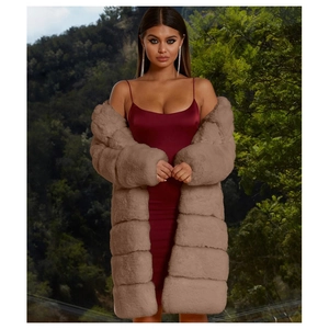 Women's long faux fur coat in light coffee with stylish tiered patchwork design