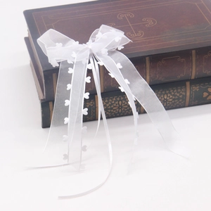 Détail d'un nœud en organza blanc avec broderie de cœurs sur fond de livres vintage