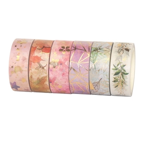 Set of 6 decorative washi tapes with colorful floral and gold foil designs on white background