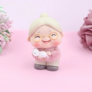 Cute elderly lady cake topper figure with white cat and traditional purple Chinese dress