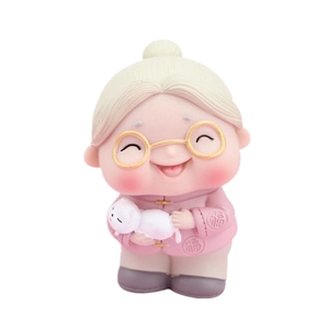 Cartoon grandmother figurine in pink dress with cat for wedding and birthday cake topper