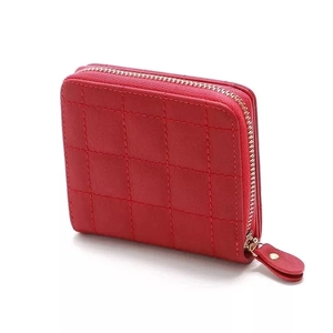 Mini red quilted faux leather zipper coin purse for women with compact square design
