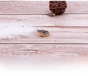 Detailed view of dual-headed snake ring with gold and silver scales on wood background