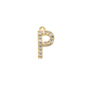 Close-up of gold-plated letter P pendant meticulously inlaid with cubic zirconia stones