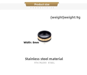 Detail showing 8mm black and gold two-tone stainless steel ring with brushed texture