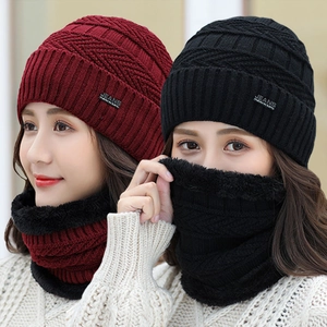 Winter Beanie Hat And Neck Warmer Knitted Wool Fleece Lined Thick Warming Ear Protection Ribbed Solid Color Women Accessory