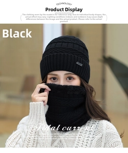 Detail of black cable knit hat and neck warmer set with JEANS menswear label