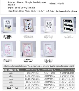 Size chart for Nordic photo frames showing dimensions from 5 inch to A4 in various colors