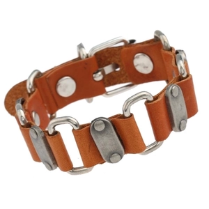 Retro punk brown leather bracelet with silver metal rings and rivets on white background