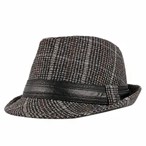 Classic vintage plaid fedora jazz hat for men and women featuring a black leather band