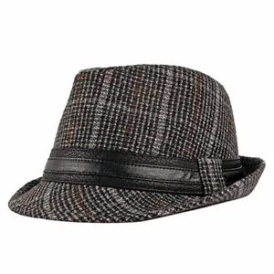 Cappello fedora jazz vintage a quadretti per uomo e donna con fascia in pelle nera