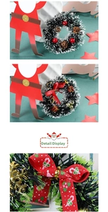 Detailed close-up of Christmas wreaths with pine cones, red berries and golden bells ornaments