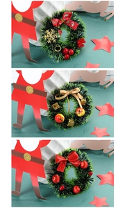 Detailed close-up of mini Christmas wreaths with bows, bells and festive ornaments