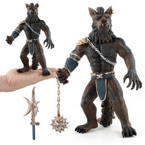 Articulated werewolf warrior action figure with axe and mace on white background