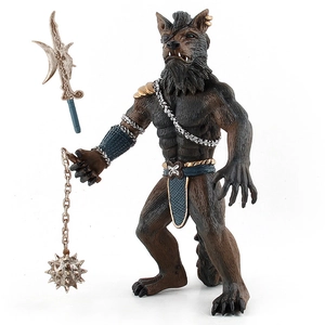 Detailed werewolf action figure with mace and halberd accessories on white background