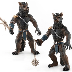 Solid werewolf warrior action figures with miniature weapons and detailed muscle textures