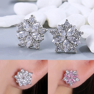 Elegant cubic zirconia snowflake flower earrings in silver and pink for women