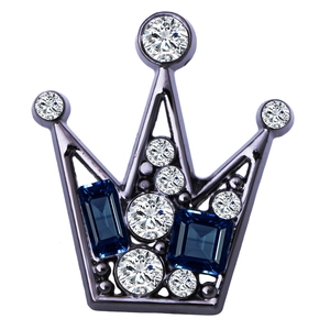 Elegant crown lapel pin for men's suits with blue crystals and sparkling white gemstones