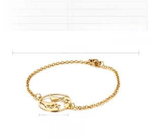 Detail view of gold stainless steel world map bracelet with precise size measurements