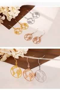 Three-color hollow world map round drop earrings in gold, silver, and rose gold finish