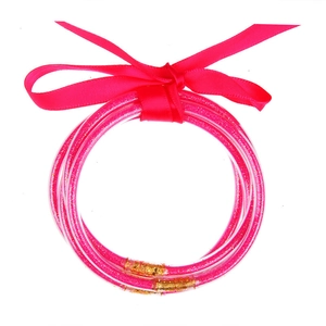Hot pink glitter jelly bracelets set with ribbons and bow for Christmas jewelry