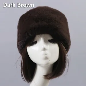 Winter dark brown thick faux rabbit fur plush beanie hat for elderly women with round top