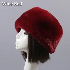 Winter plush faux rabbit fur pillbox hat in wine red for elderly women with warm lining