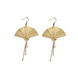 Golden Chinese fan earrings with traditional carved patterns, pearl and long tassels