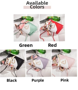 Collage of fashion crossbody bags in five colors with silk scarves and heart buckle