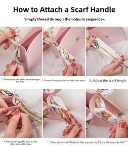 Six-step tutorial showing how to tie a silk scarf handle on a pink crossbody bag