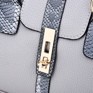 Graue Handtasche mit Lychee-Muster, Schlangenhaut-Besatz und goldenem Metallschloss
