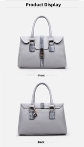 Front and back detail of grey pebble leather handbag with snakeskin patchwork accents