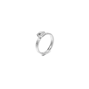 Polished silver stainless steel ring featuring a geometric hexagonal diamond-set center