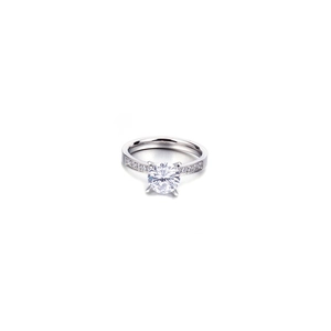 Classic silver stainless steel ring with a large round center stone and side accents