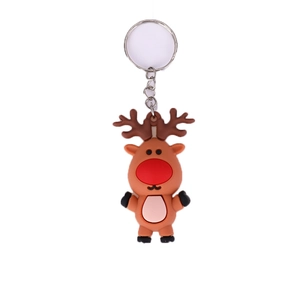 Cartoon reindeer Christmas keychain made of soft silicone rubber with a metal ring