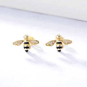 Bee Stud Earrings With 925 Sterling Silver Earring Post Enamel Painted Rhinestone Inlaid Insect Jewelry For Women