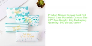 Close-up of canvas stationery pouches featuring gold foil patterns and motivational quotes