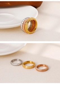 Three-piece stackable stainless steel rings in silver, rose gold and gold finishes
