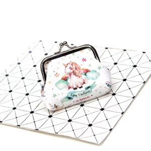 Detail of canvas coin purse with unicorn print and vintage metal clasp closure