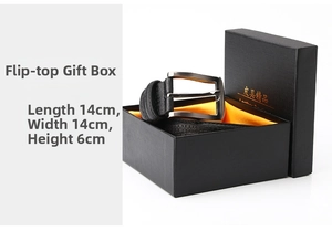 Detail view of black belt gift box with orange satin lining, size 14cm x 14cm x 6cm