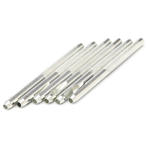 Set of 6 silver hollow belt punches with knurled handles on white background