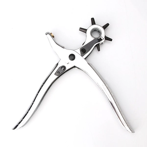 Rotating metal leather hole punch tool with six different sizes and silver non-slip handles
