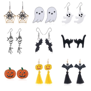 9-pair Halloween earring set featuring skull, ghost, pumpkin and bat alloy designs