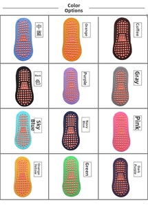 Grid display of non-slip cotton socks showing colorful silicone grips on 12 different soles