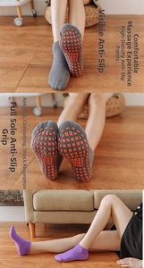 Detail showing non-slip silicone grippers on cotton yoga socks in gray and purple colors
