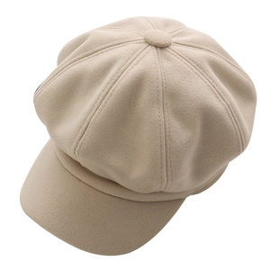 Classic khaki wool octagonal newsboy cap for women with high-quality stitched texture