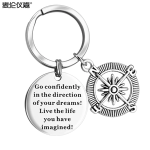 Macro view of polished keychain with inspirational quote engraving and compass charm detail