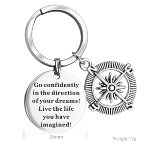 Go confidently compass keychain in stainless steel with 25mm inspirational charm pendant