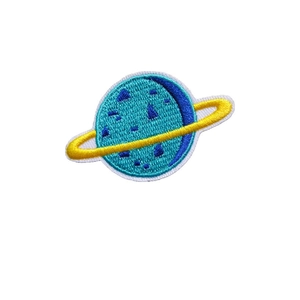 Embroidered space planet patch for clothing with detailed blue and yellow stitching